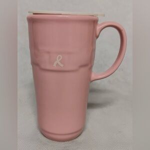 Longaberger Pink Breast Cancer Awareness Travel Mug/lid, woven pattern, 16 oz